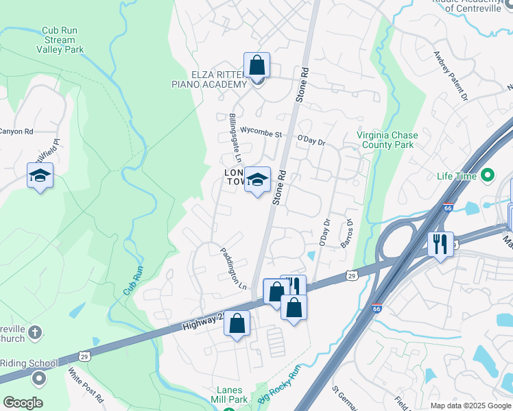 map of restaurants, bars, coffee shops, grocery stores, and more near 6100 Stone Road in Centreville