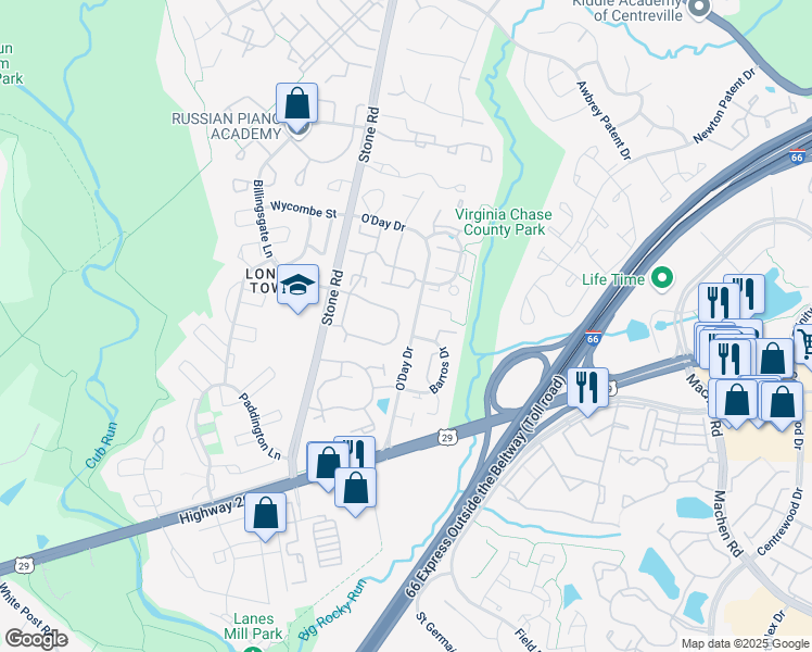 map of restaurants, bars, coffee shops, grocery stores, and more near 6139 Stonepath Circle in Centreville