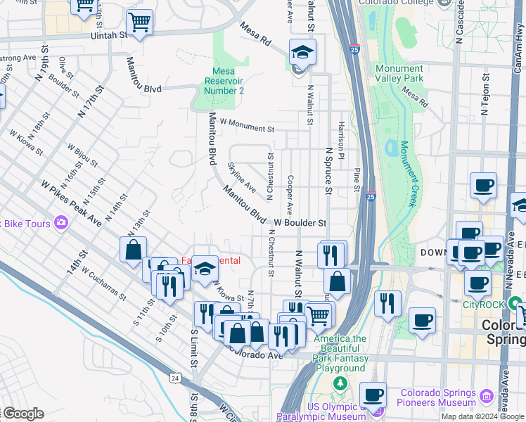 map of restaurants, bars, coffee shops, grocery stores, and more near 615 Manitou Boulevard in Colorado Springs