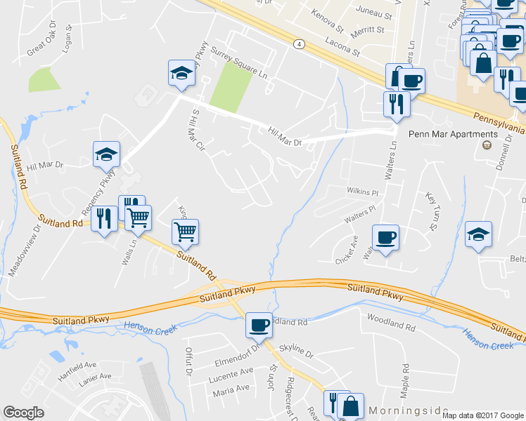 map of restaurants, bars, coffee shops, grocery stores, and more near 3707 Community Drive in District Heights