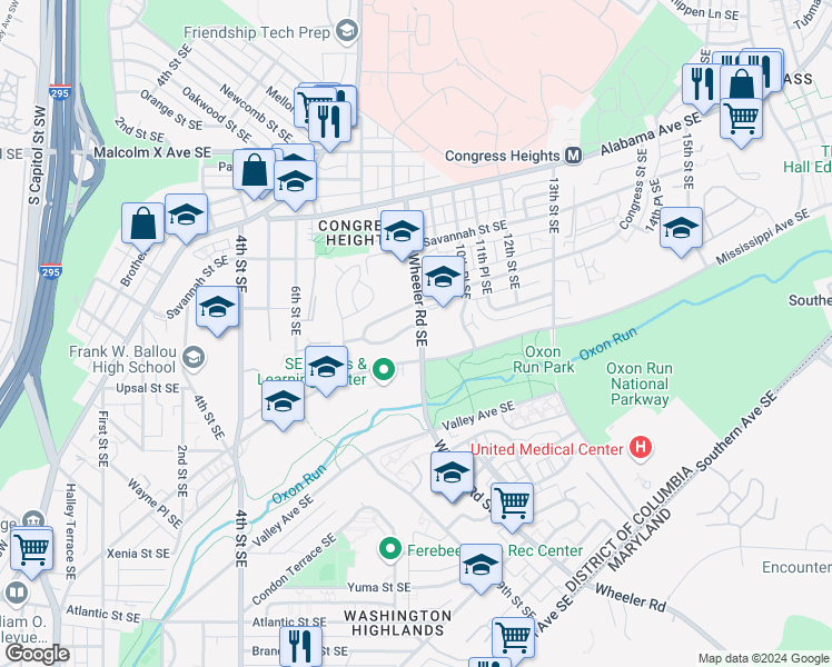 map of restaurants, bars, coffee shops, grocery stores, and more near 3503 Wheeler Road Southeast in Washington
