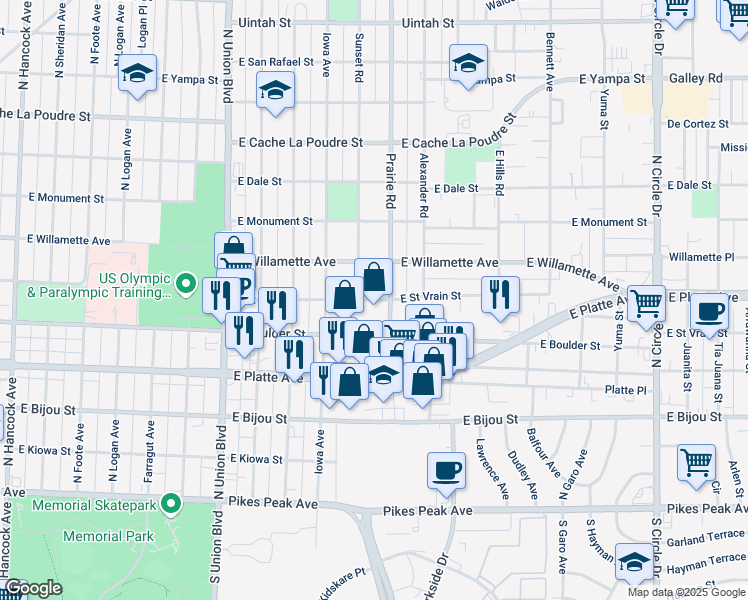 map of restaurants, bars, coffee shops, grocery stores, and more near 2201 East Saint Vrain Street in Colorado Springs