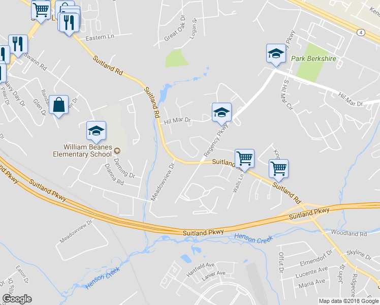 map of restaurants, bars, coffee shops, grocery stores, and more near 5132 Stoney Meadows Drive in District Heights