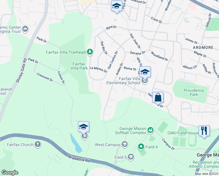 map of restaurants, bars, coffee shops, grocery stores, and more near 4422 Andes Drive in Fairfax