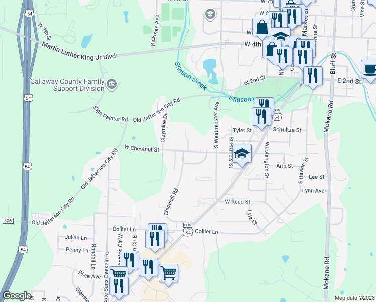 map of restaurants, bars, coffee shops, grocery stores, and more near 583 West Chestnut Street in Fulton