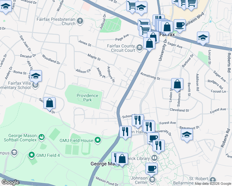 map of restaurants, bars, coffee shops, grocery stores, and more near 4262 Chain Bridge Road in Fairfax