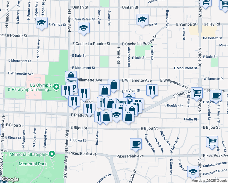 map of restaurants, bars, coffee shops, grocery stores, and more near 2201 East Saint Vrain Street in Colorado Springs