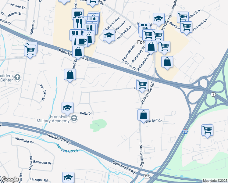 map of restaurants, bars, coffee shops, grocery stores, and more near 7317 Leona Street in District Heights