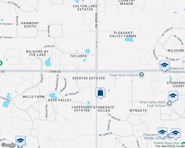 map of restaurants, bars, coffee shops, grocery stores, and more near 10365 159th Street in Overland Park