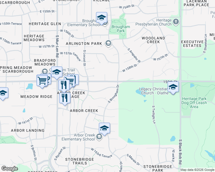 map of restaurants, bars, coffee shops, grocery stores, and more near 15939 West 159th Terrace in Olathe