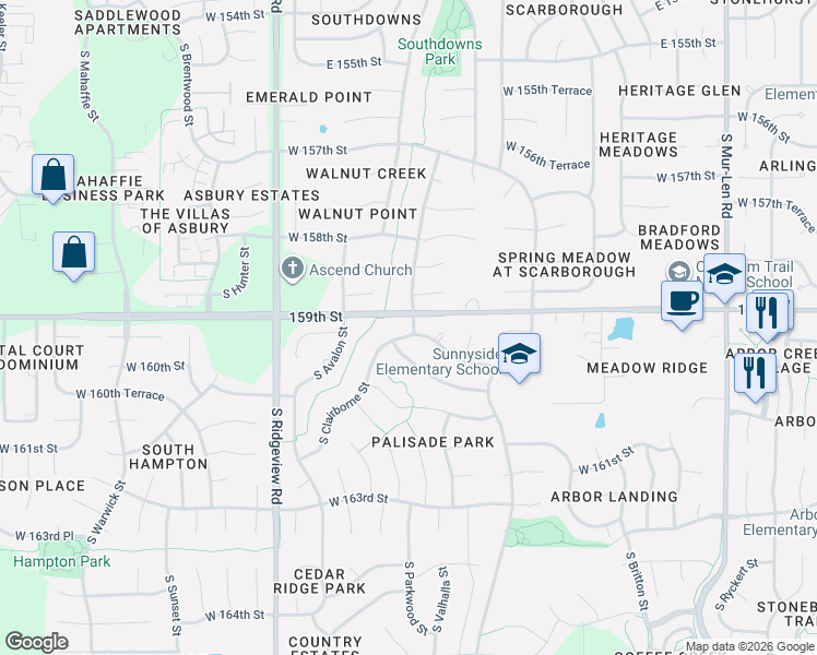 map of restaurants, bars, coffee shops, grocery stores, and more near 17754 West 159th Terrace in Olathe
