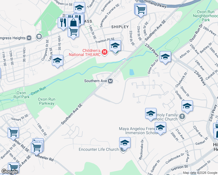 map of restaurants, bars, coffee shops, grocery stores, and more near 1411 Southern Avenue Southeast in Oxon Hill
