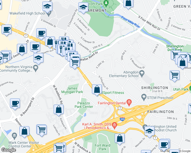 map of restaurants, bars, coffee shops, grocery stores, and more near 2848 South Columbus Street in Arlington