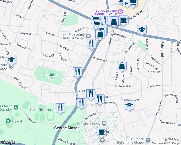 map of restaurants, bars, coffee shops, grocery stores, and more near 10461 Courtney Drive in Fairfax
