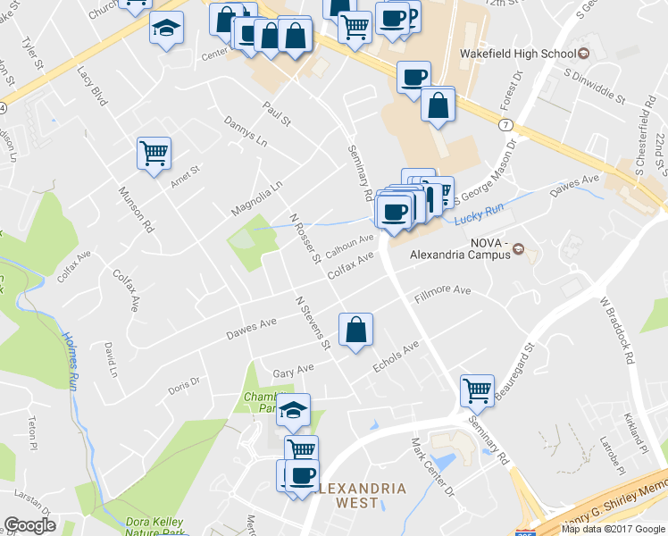 map of restaurants, bars, coffee shops, grocery stores, and more near 5465 Colfax Avenue in Alexandria