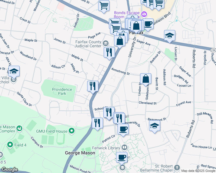 map of restaurants, bars, coffee shops, grocery stores, and more near 10461 Courtney Drive in Fairfax