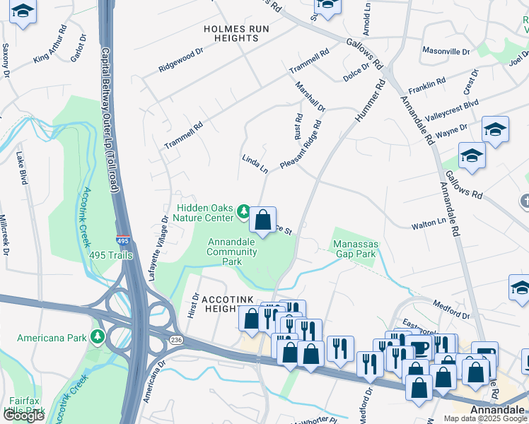 map of restaurants, bars, coffee shops, grocery stores, and more near 7662 Royce Street in Annandale