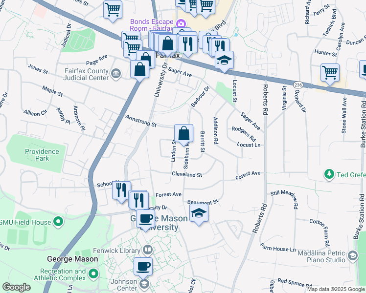 map of restaurants, bars, coffee shops, grocery stores, and more near 4210 Sideburn Road in Fairfax