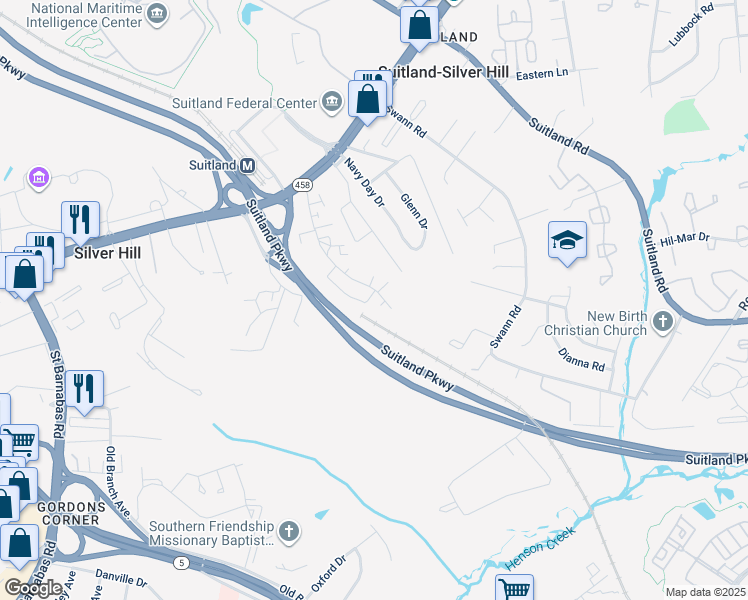 map of restaurants, bars, coffee shops, grocery stores, and more near 3601 Parkway Terrace Drive in Suitland-Silver Hill