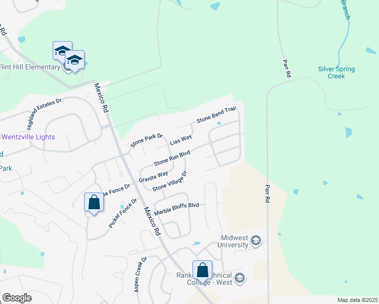 map of restaurants, bars, coffee shops, grocery stores, and more near Stone Run Boulevard in Wentzville