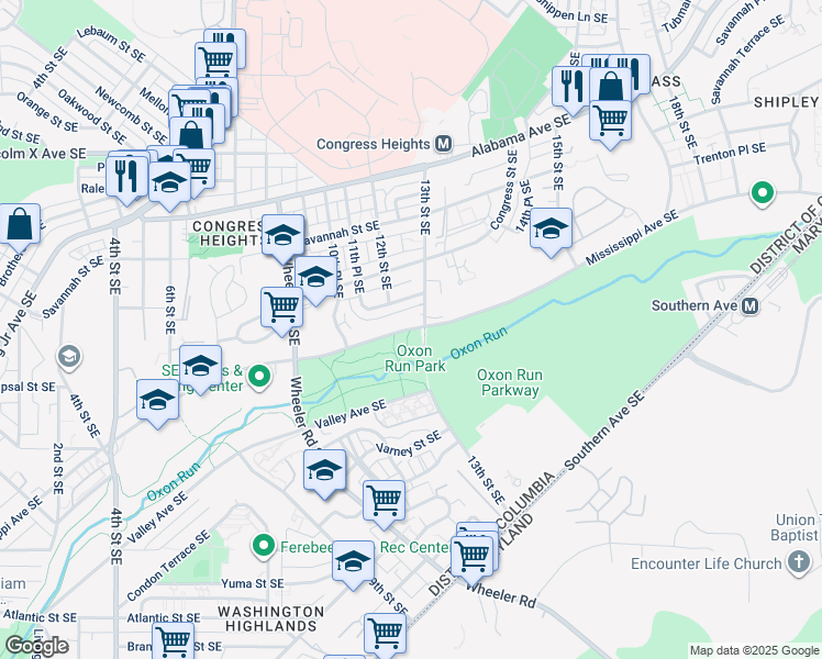 map of restaurants, bars, coffee shops, grocery stores, and more near 1265 Mississippi Avenue Southeast in Washington