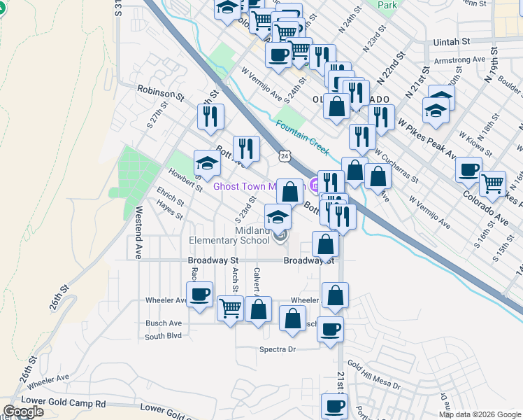 map of restaurants, bars, coffee shops, grocery stores, and more near 2201 Hagerman Street in Colorado Springs