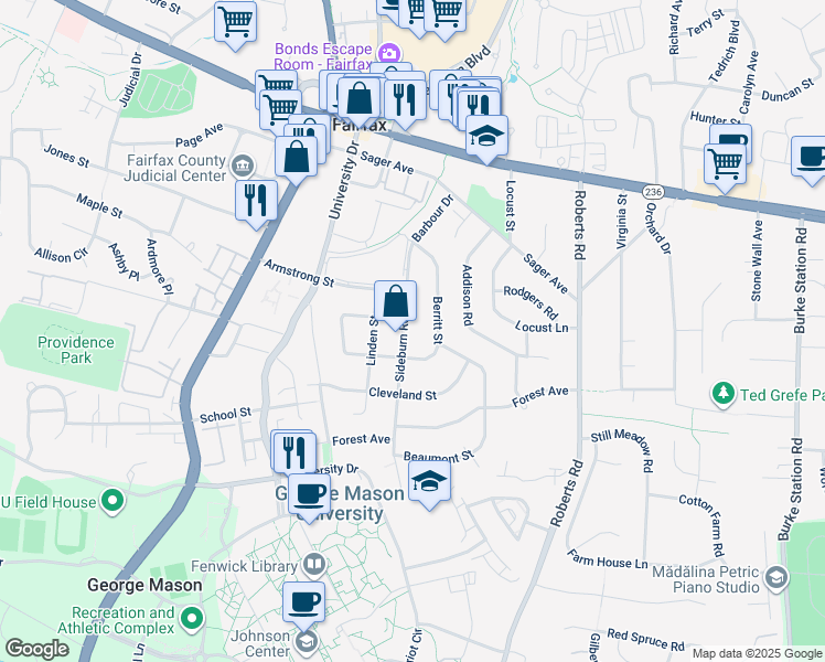 map of restaurants, bars, coffee shops, grocery stores, and more near 4211 Sideburn Road in Fairfax