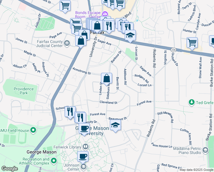 map of restaurants, bars, coffee shops, grocery stores, and more near 4210 Sideburn Road in Fairfax