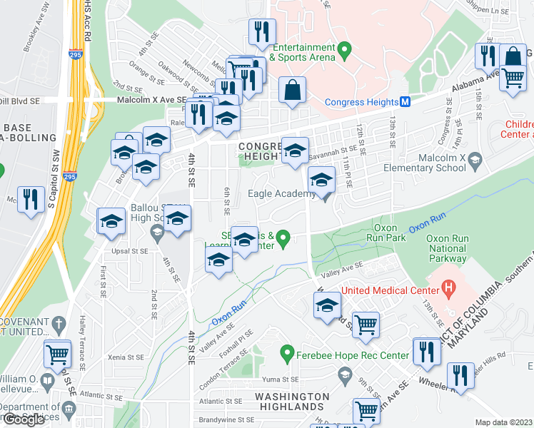 map of restaurants, bars, coffee shops, grocery stores, and more near 716 Congress Street Southeast in Washington