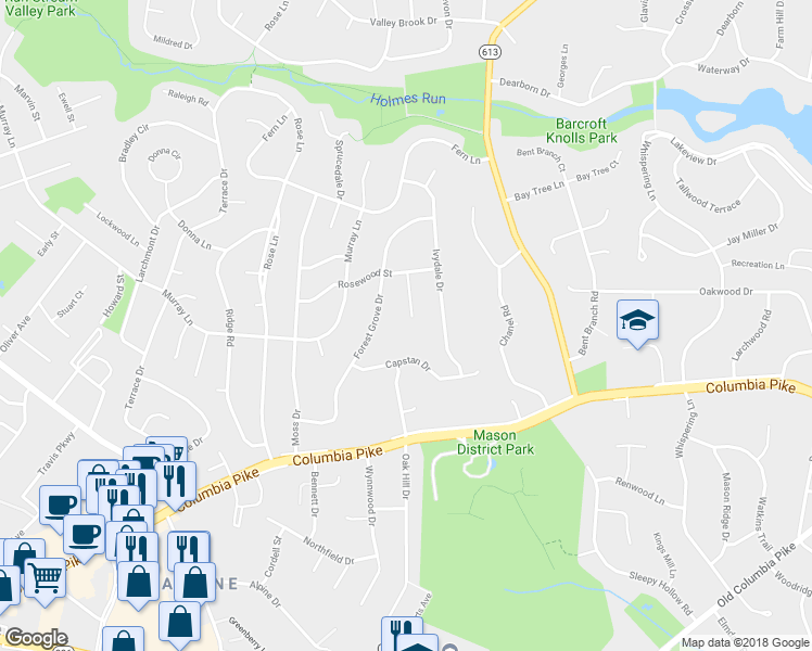 map of restaurants, bars, coffee shops, grocery stores, and more near 3812 Tall Oak Court in Annandale