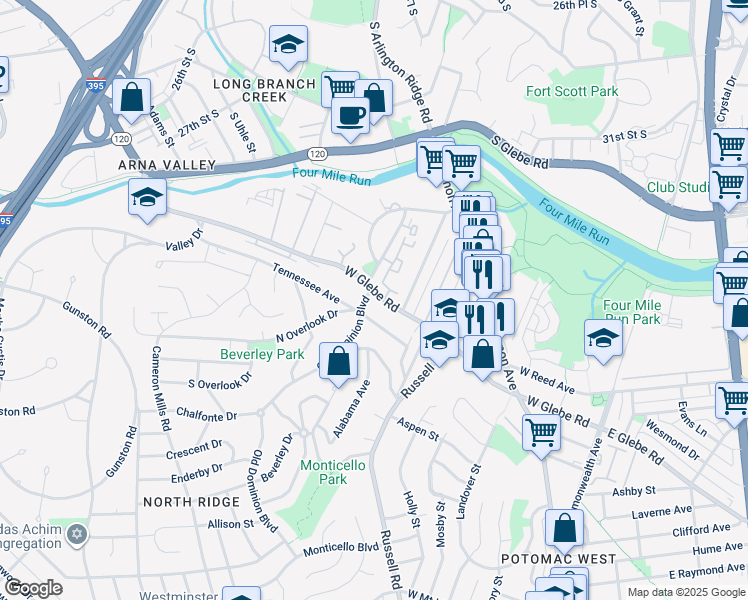 map of restaurants, bars, coffee shops, grocery stores, and more near 464 West Glebe Road in Alexandria