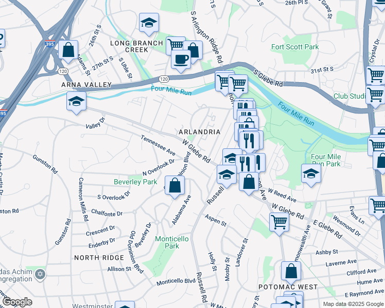 map of restaurants, bars, coffee shops, grocery stores, and more near 466 West Glebe Road in Alexandria