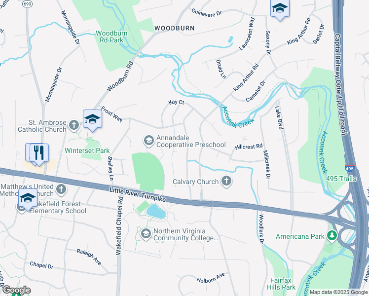 map of restaurants, bars, coffee shops, grocery stores, and more near 3900 Winterset Drive in Annandale