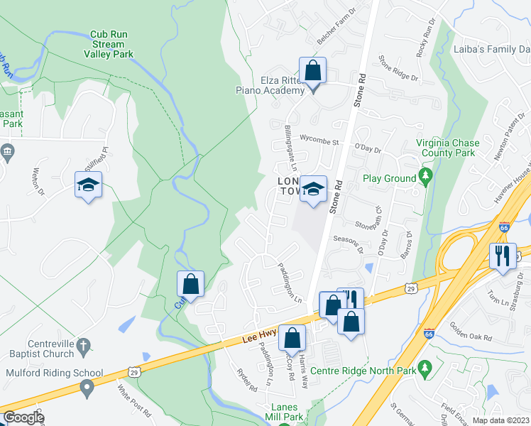 map of restaurants, bars, coffee shops, grocery stores, and more near 6152 Gothwaite Drive in Centreville