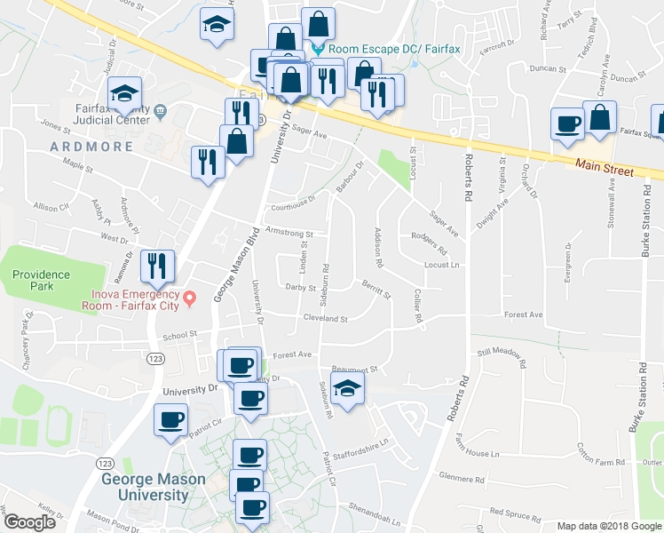 map of restaurants, bars, coffee shops, grocery stores, and more near 4211 Sideburn Road in Fairfax