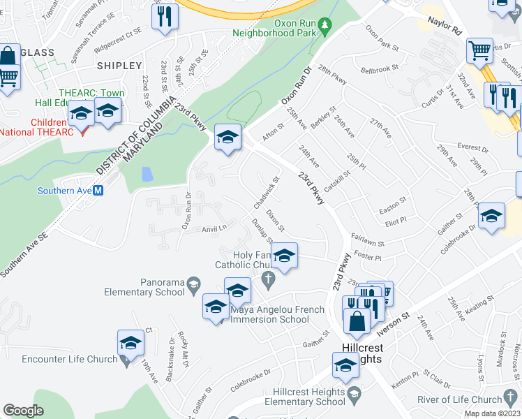 map of restaurants, bars, coffee shops, grocery stores, and more near 3601 Dixon Street in Temple Hills