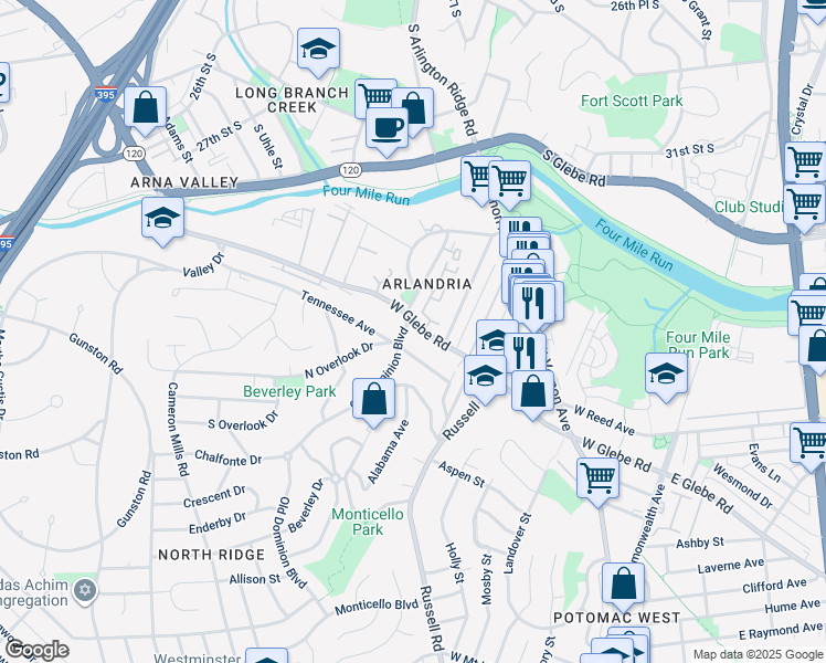 map of restaurants, bars, coffee shops, grocery stores, and more near 466 West Glebe Road in Alexandria