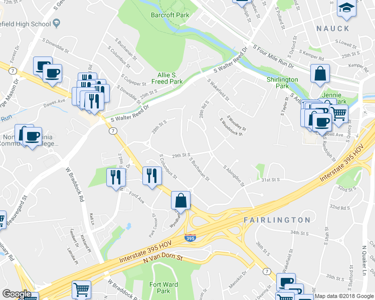 map of restaurants, bars, coffee shops, grocery stores, and more near 2879 South Buchanan Street in Arlington