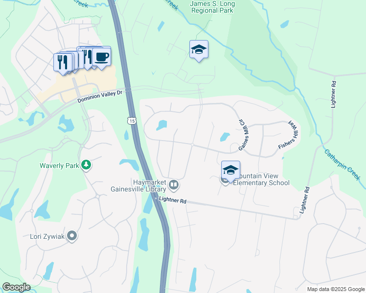 map of restaurants, bars, coffee shops, grocery stores, and more near 15007 Gaines Mill Circle in Haymarket