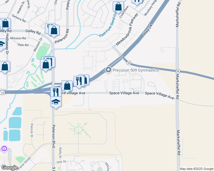 map of restaurants, bars, coffee shops, grocery stores, and more near 7170 Space Village Avenue in Colorado Springs
