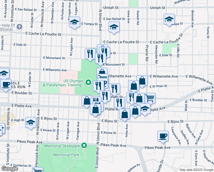 map of restaurants, bars, coffee shops, grocery stores, and more near 422 Bonfoy Avenue in Colorado Springs