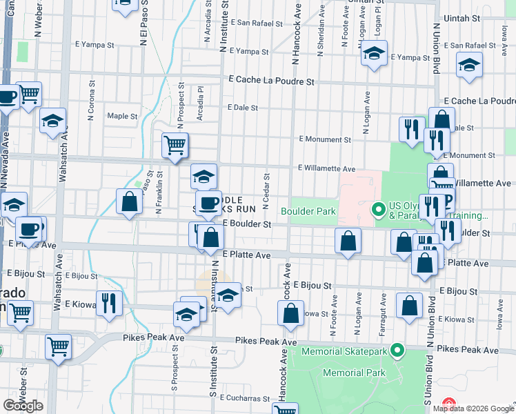 map of restaurants, bars, coffee shops, grocery stores, and more near 414 North Cedar Street in Colorado Springs