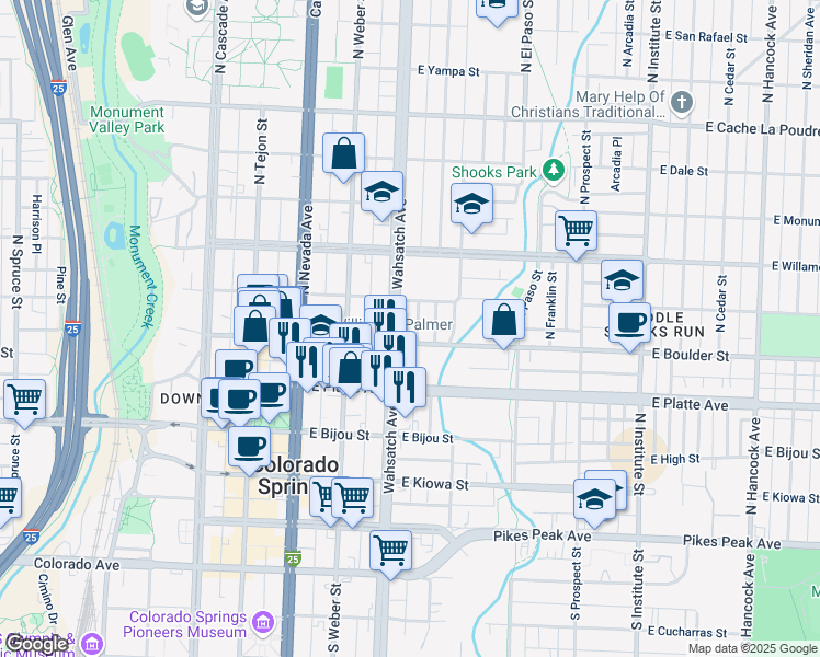 map of restaurants, bars, coffee shops, grocery stores, and more near 416 East Boulder Street in Colorado Springs