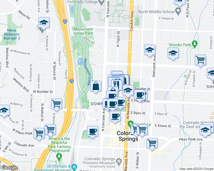 map of restaurants, bars, coffee shops, grocery stores, and more near 325 North Cascade Avenue in Colorado Springs