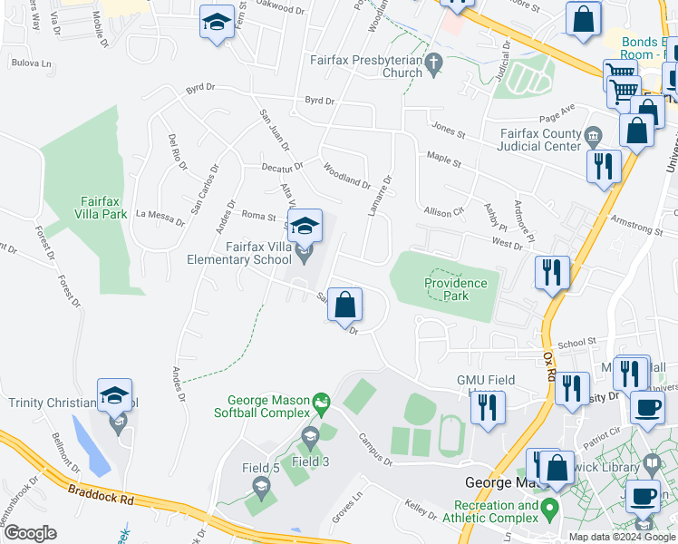 map of restaurants, bars, coffee shops, grocery stores, and more near 10801 Santa Clara Drive in Fairfax