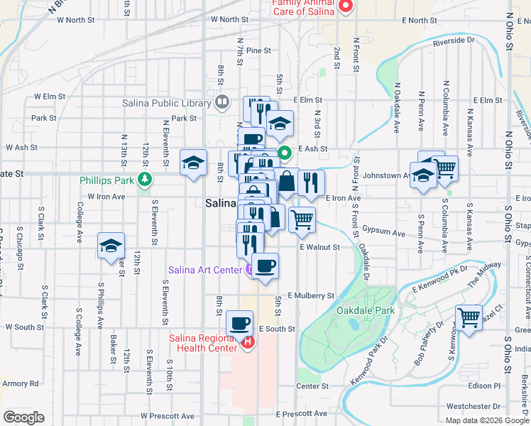 map of restaurants, bars, coffee shops, grocery stores, and more near 117 South Santa Fe Avenue in Salina