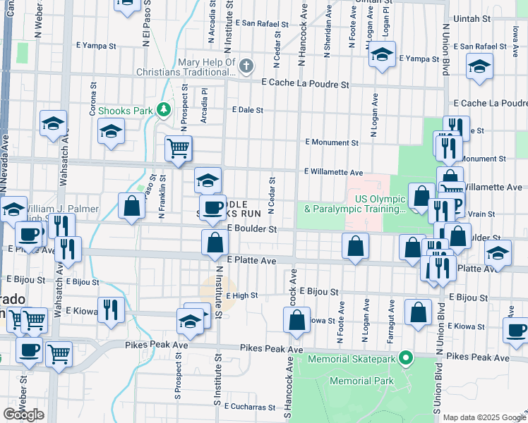 map of restaurants, bars, coffee shops, grocery stores, and more near 414 North Cedar Street in Colorado Springs