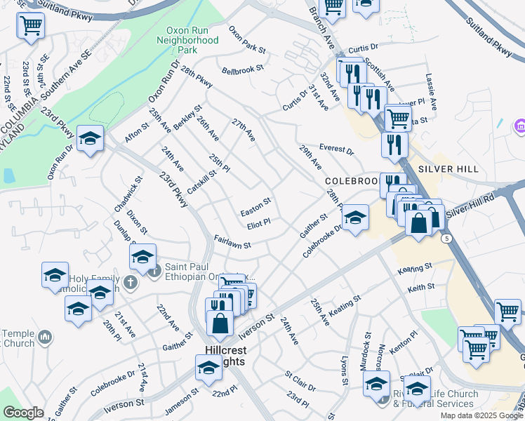 map of restaurants, bars, coffee shops, grocery stores, and more near 2513 Easton Street in Temple Hills