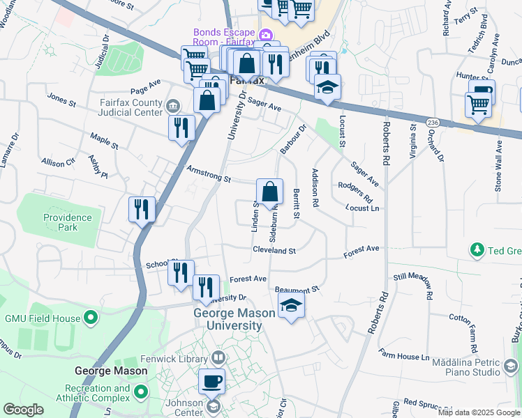 map of restaurants, bars, coffee shops, grocery stores, and more near 4207 Linden Street in Fairfax