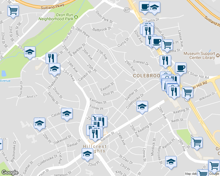 map of restaurants, bars, coffee shops, grocery stores, and more near 2513 Easton Street in Temple Hills